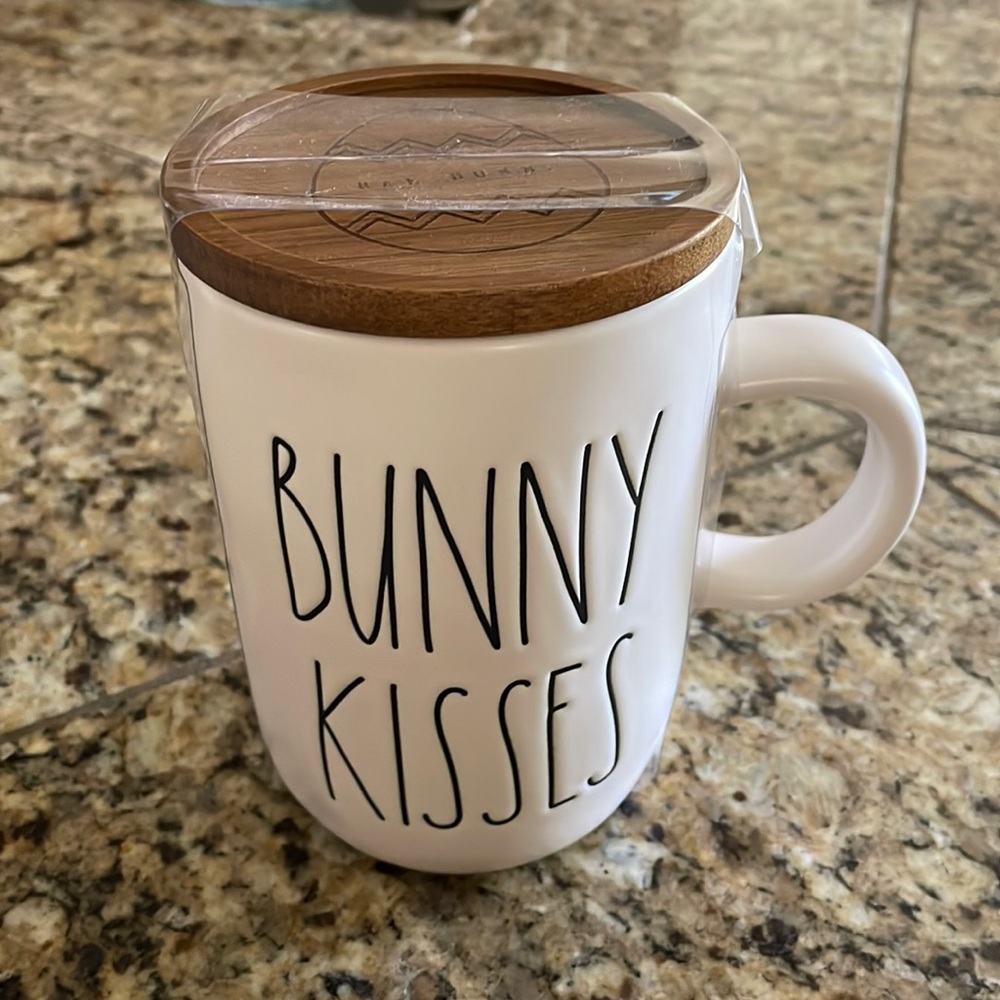 Rae Dunn White BUNNY KISSES Mug with wooden lid.